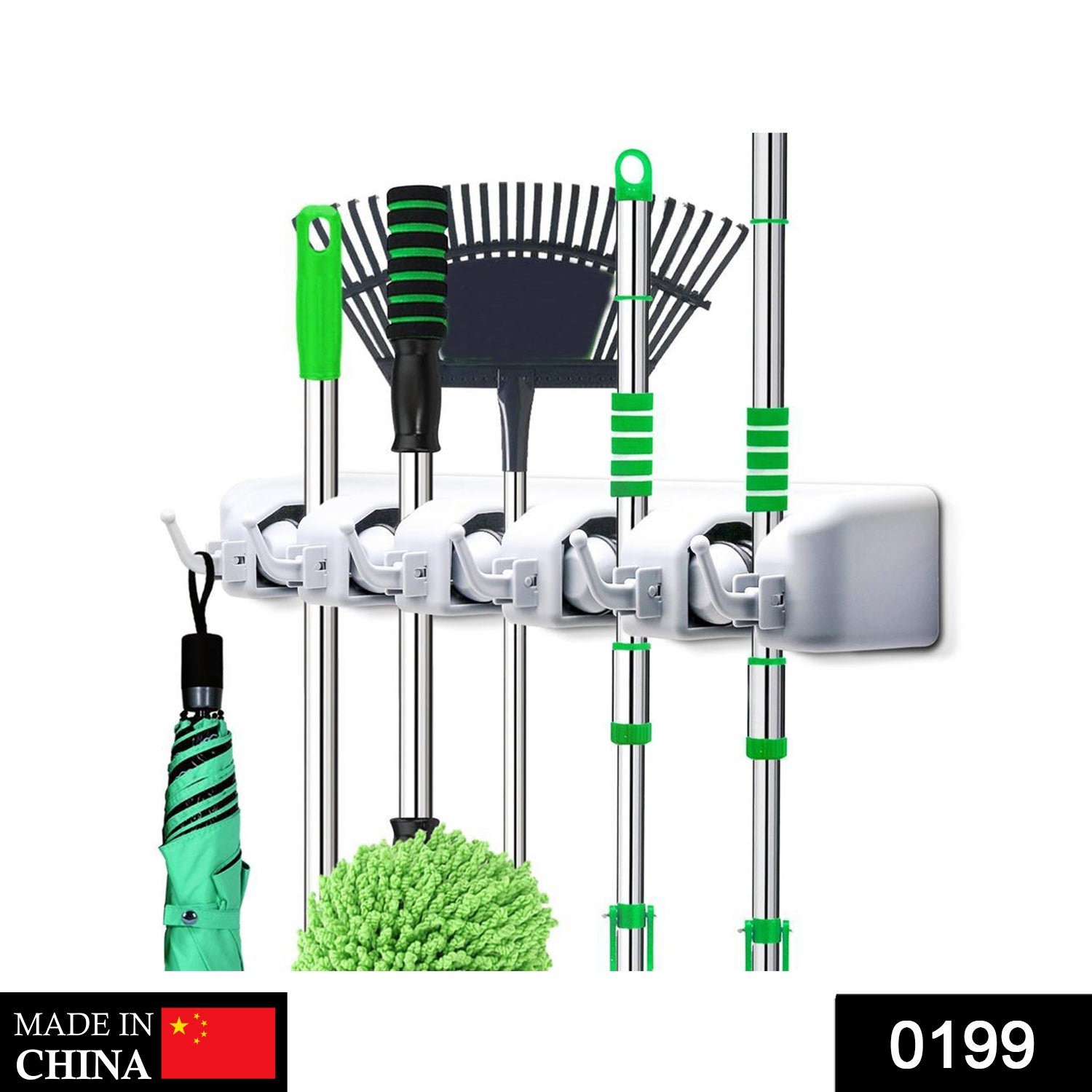 Wall-mounted mop and broom holder with multiple layers. Wall-mounted mop and broom holder with multiple layers.